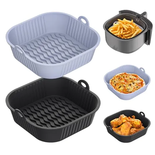 Diboniur 2Pcs Airfryer Silikonform 5-8L, Silikonform für Heißluftfritteuse, Silikon Einsatz Backform Wiederverwendbarer, Airfryer Zubehör (Grau und Schwarz)