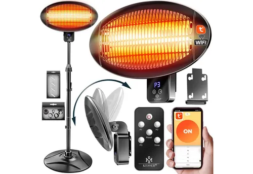 KESSER Heizstrahler Infrarot Terrassenstrahler Stand- & Wandmontage, höhenverstellbar, Wärmestrahler drehbar IPX4 spritzwassergeschützt, WLAN & Fernbedienung