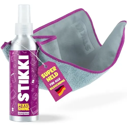 STIKKI Pixel Shine Professioneller Bildschirmreiniger inkl. 2-in-1 Microfasertuch für Reinigung & Politur (150ml) - entwickelt für Laptop, Smartphone, TV, Display, Brillen & Gläser