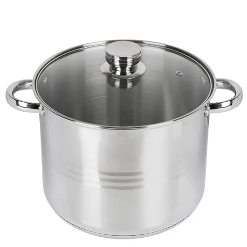 Edelstahl Großraumtopf 6L mit Glasdeckel - Hochwertiger 6L Kochtopf aus Edelstahl mit wärmeisolierenden Griffen. Ideal für Induktion und andere Kochfelder. Leicht zu reinigen und sorgt für gleichmäßige Wärmeverteilung.