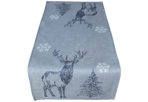 matches21 HOME & HOBBY Tischdecke 40x85 cm Tischläufer grau mit Hirsch-Deko und Tannenbaum Stickerei (1-tlg), Ideal für Advent und Weihnachtsdeko