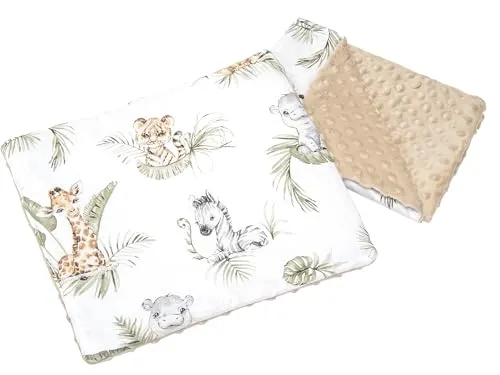 Medi Partners Babydecke Krabbeldecke mit Kissen 100% Baumwolle Minky Kinderdecke 55x75 + 35x30cm multifunktional für Kinderwagen Babyschale Wiege (Safari mit beige Minky)