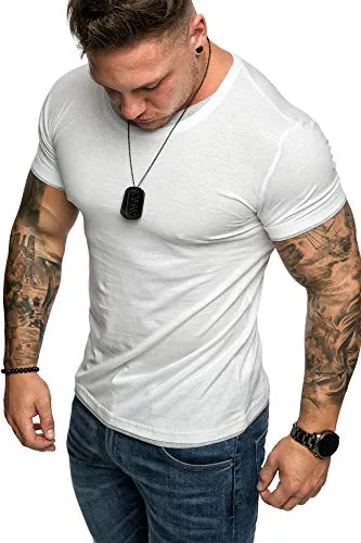 Amaci&Sons Oversize Doppel Farbig Herren Slim-Fit Crew Neck Basic T-Shirt Rundhals 1-0001 Weiß/Grau M