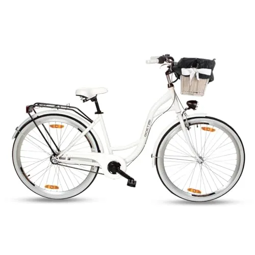 Goetze Style 28 Zoll Damen Citybike, 18 Zoll Tiefeinsteiger, 3-Gang Nabenschaltung, Rücktrittbremse und V-Bremse, LED-Beleuchtung, Rattankorb, Komfortsattel, mit Seitenständer & Klingel