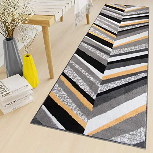 TAPISO Maya Teppich Läufer Meterware Kurzflor Flur Küche Brücke Wohnzimmer Modern Grau Weiß Gelb Schwarz Streifen ÖKOTEX 80 x 400 cm