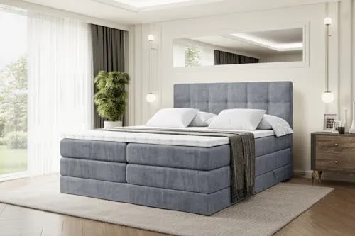 ALTDECOR Boxspringbett MARCE KING - 180x200 cm - Grau Samt - Boxspringbett mit 2 Matratzen und Topper für erholsamen Schlaf, ausgestattet mit Stauraum und allergikerfreundlichen Materialien.