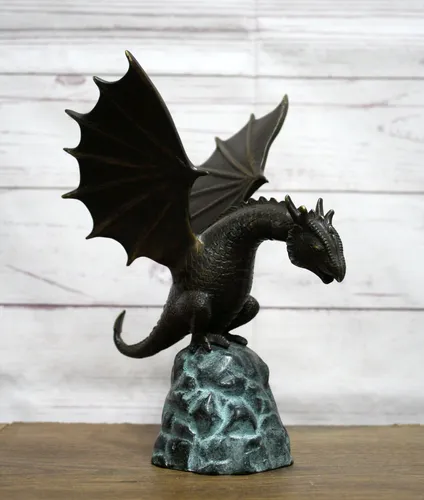 Bronzefigur Drache auf Felsbrocken - Gartenfigur & Teichdekoration, handgefertigte Bronzeskulptur, frostsicher und wetterfest, ideal für Balkon und Garten.