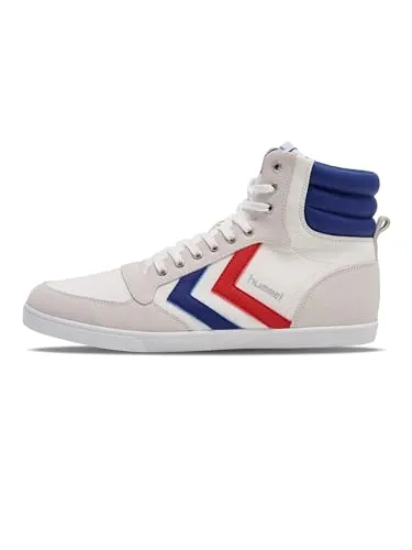 hummel Unisex Hummel Slimmer Stadil High High-Top - Stilvolle Sneakers in Weiß, Blau und Rot - Herren-Sneaker mit flachem Absatz und normaler Weite, ideal für sportliche Outfits und lässige Freizeitlooks.