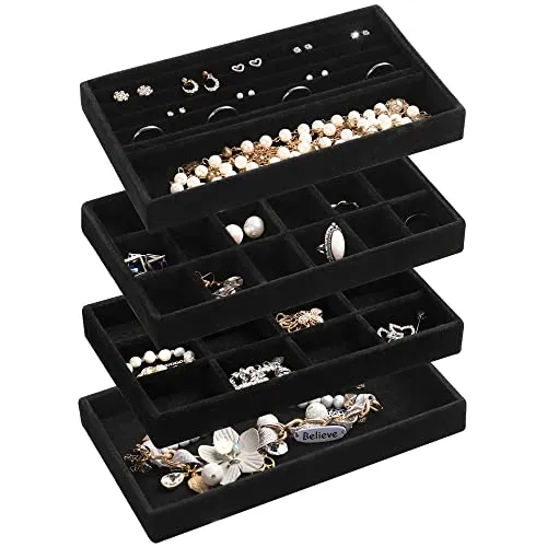 Frebeauty Schmuck Organizer Tablett, stapelbare Samt Schmuck Tabletts, Schublade Einsätze Ohrring Organizer für Frauen Mädchen Schmuck Lagerung Vitrine für Ringe Stud Halsketten, Set 4(Schwarz)