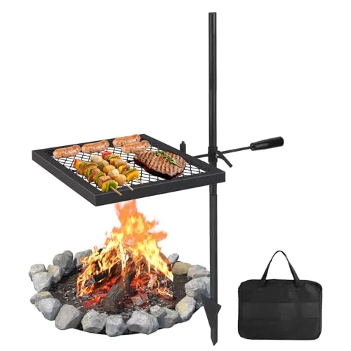 Garvee Robuster, höhenverstellbarer & schwenkbarer Campfire Grill – Stahl Grillrost 40x40cm, 360° drehbar, ideal für Lagerfeuer, BBQ & Outdoor, inkl. Tragetasche – Vertikal, Grill, Zweiteiliges