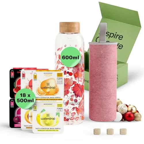 waterdrop® Glasflasche 600ml mit 18 zuckerfreien Drops - Perfektes Geschenk für Frauen - Trinkflasche aus Borosilikatglas mit Microdrinks für leckere, zuckerfreie Hydration. Ideal für unterwegs und spülmaschinengeeignet, umweltfreundlich und praktisch!