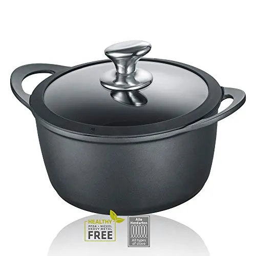 Berndes Kochtopf mit Glasdeckel, 24 cm - Aluguss - Kochtöpfe mit stabilem Aluminium-Vakuumdruckguss, klapperfreier Deckel mit Silikonumrandung und 3-lagiger Antihaftversiegelung für fettfreies Braten und einfache Reinigung.