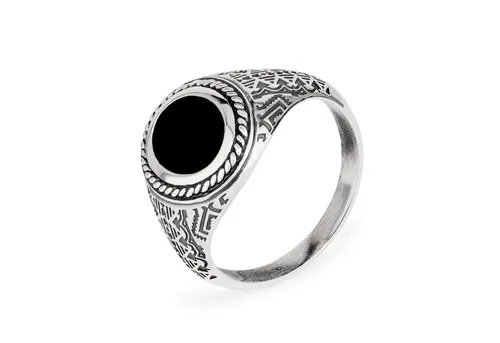 NKlaus Edelsteinring Herrenring Wiking 925 Silber mit Onyx - Hochwertiger Herrenring aus 925 Sterling Silber mit echtem schwarzen Onyx, ideal für stilbewusste Männer. Vintage-Design und edle Materialien machen ihn zum perfekten Accessoire.