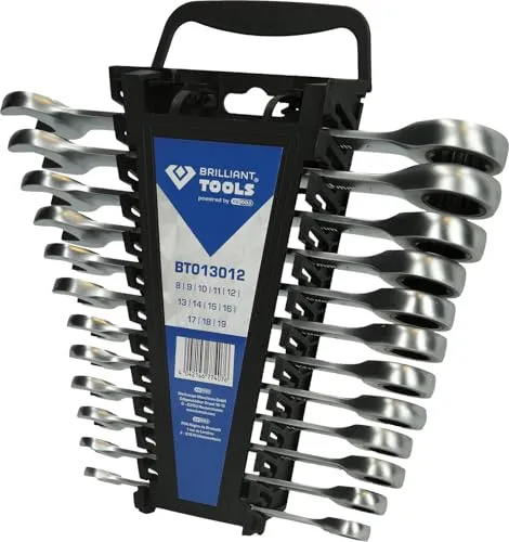 BRILLIANT TOOLS BT013012 Ratschenringschlüssel, 12-tlg - Werkzeug-Set mit extrem kleinem Nachfasswinkel von 5°, mattchromiert für optimale Griffigkeit und Ergonomie. Ideal für präzise Kraftübertragung ohne Beschädigung von Schrauben und Muttern.