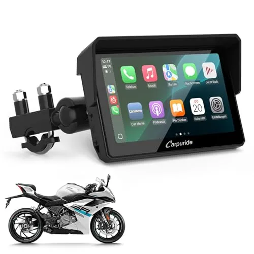 Carpuride W502 Motorrad-Carplay und Android Auto - Motorradnavigation mit 5-Zoll-IPS-Touchscreen, IP67 wasserdicht und nahtloser Smartphone-Integration für mehr Sicherheit während der Fahrt.