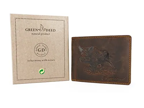 GREEN DEED Echtleder Herren Geldbörse – Groß Portmonee aus Leder – Portemonnaie mit Münzfach – Tri-Fold Geldbeutel Männer - Vintage Braun - Jäger Wildschwein - 12 x 9 x 3 cm