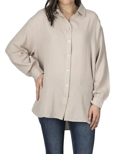 DENIMFY Musseline Bluse Damen Oversized DFMathilda - Oversize Langarmbluse aus 100% Baumwolle, ideal für den Sommer. Bequemer Sitz mit V-Ausschnitt, Knopfleiste und vielfältigen Kombinationsmöglichkeiten. Erhältlich in mehreren Farben und Größen.