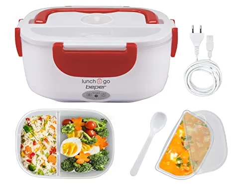 BEPER Lunch & Go - Wärmende Lunchbox, tragbarer elektrischer Speisenwärmer, 2 herausnehmbare Behälter, Stahlheizplatte, mitgeliefertes Plastikbesteck, 220 V - Rot