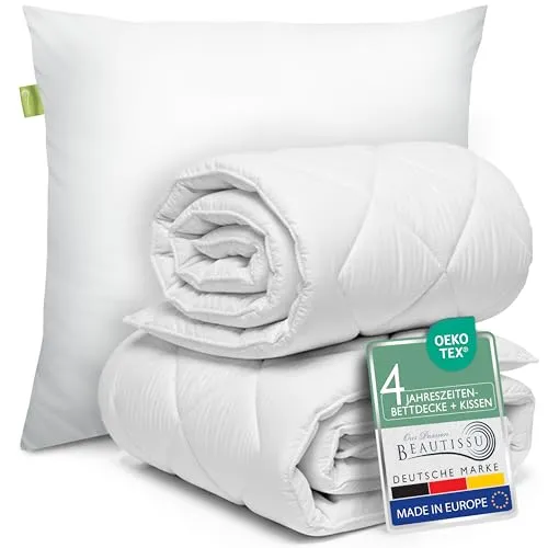 Beautissu 4 Jahreszeiten Bettdecke & Kissen Set – 155x220 & 80x80 - Hochwertiges Bettdecke und Kissen Set für ganzjährigen Komfort. Flexibel kombinierbar für jede Jahreszeit – ideal für Allergiker, pflegeleicht und OEKO-TEX zertifiziert.