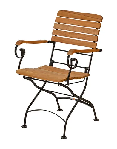 Teak Klappstuhl Bellevue mit Armlehnen – Faltbarer Armlehnsessel für den Garten - Stuhl im französischen Landhausstil, wetterfest und pflegeleicht – ideal für Balkon und Garten. Vollständig montiert und bequem mit Armlehnen.