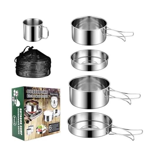 KUIRUNRX® Camping Kochgeschirr Kit, Edelstahl Camping Kochset, Camping Topf und Pfanne Set, Faltbare Besteck Outdoor Topfset Stapelbar Picknick Topf für Camping, Grillen, Wandern(5 Tteiliges Set)
