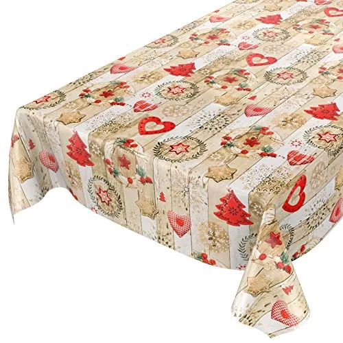 ANRO Tischdecke Weihnachtstischdecke abwaschbar Wachstischdecke Christmas Rot Beige 2000x140cm (20m)