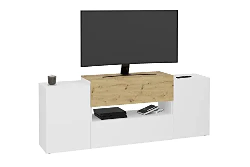 FMD Möbel Olpe TV-Board - TV-Halterung aus Holzwerkstoff in Brillantweiß/Artisan Eiche, pflegeleichte Oberfläche, einfache Montage für ein modernes Wohnzimmer.