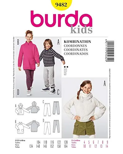 Burda 9482 Schnittmuster Kapuzenshirt Shirtkleid Jogginghose Leggings (kids, Gr. 104 - 164) Level 2 leicht