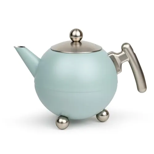 Bredemeijer große Kugelkanne 1.2 Liter - hellblaue Teekanne aus doppelwandigem Edelstahl - für längeren, warmen Teegenuss
