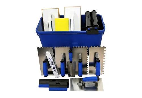 DEWEPRO® Fliesenwaschset - 16-teiliges XL Set für Fliesenleger - Reibebretter-Sets mit 22l Waschbox und hochwertigen Werkzeugen für professionelle Fliesenarbeiten. Ideal für höchste Qualität und Effizienz.