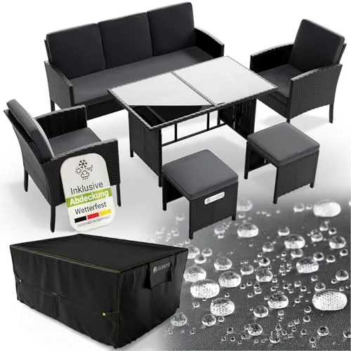 Juskys Polyrattan Gartenmöbel Sitzgruppe Turin 6-teilig inkl. Abdeckung - Moderne Gartenmöbel-Sitzgruppe für bis zu 7 Personen in Schwarz/Dunkelgrau. Mit bequemen, waschbaren Kissen und langlebigem, wetterfestem Polyrattan. Ideal für entspannte Stunden im Freien.