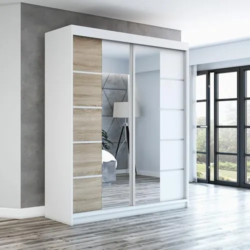 Schwebetürenschrank ERA 160 cm mit Spiegel - Schwebetürenschrank in modernem Design, 2-türig mit hochwertigem Aluminium Schiebetürsystem für müheloses Öffnen. Ideal für die platzsparende Aufbewahrung.