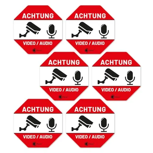 iSecur Video Audio Aufkleber 6x - Achtung Überwacht Hinweis - 4,5 cm Rot Weiß I Folie Wetterfest selbstklebend I hin839