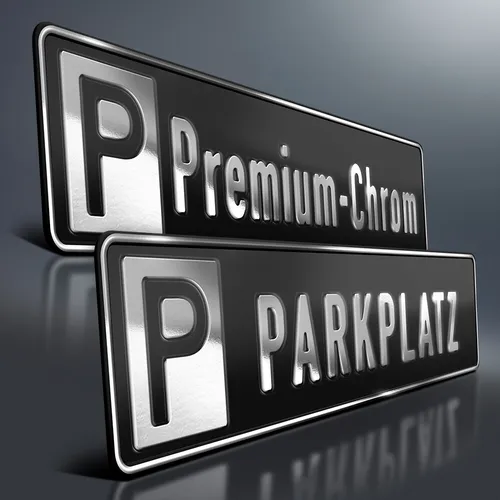 Parkplatzschild Premium | CHROM auf SCHWARZ | Wunschtext | Aluminium Kennzeichen