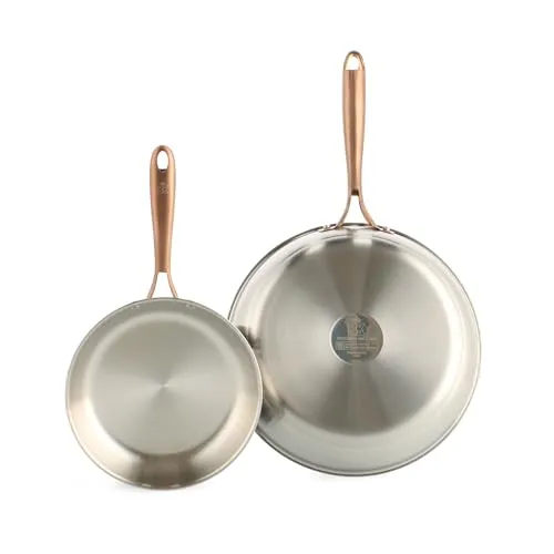 BK Rose Edelstahl-Pfannenset, 2-teilig, Ø20/28 cm, Roségold-Griff, 3-Ply, Induktion, Unbeschichtet, Backofenfest bis 230°C, Spülmaschinenfest,18/10 Edelstahl, Silber