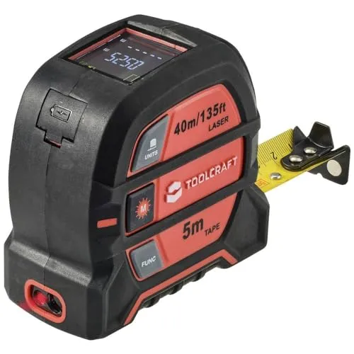 TOOLCRAFT Laser-Entfernungsmesser 40 m - Messgeräte mit präzisen Funktionen: Misst Längen, Flächen und Volumen; inkl. 5 m Maßband für zusätzliche Flexibilität; ideal für Heimwerker und Profis.