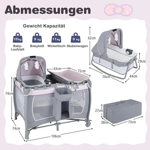 Tragbares 5-in-1-Babybett und Laufstall, Lila