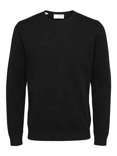SELECTED HOMME Strickpullover SLHBERG CREW NECK NOOS, black - Modischer Strickpullover in Schwarz, aus 100% Baumwolle, pflegeleicht und ideal für den Alltag. Perfekte Passform mit Rundhalsausschnitt und Langarm.
