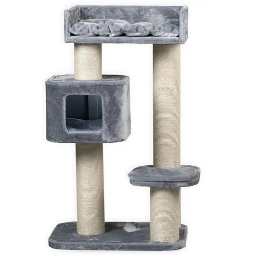 RHRQuality Kratzbaum für große Katzen – Devon Rex – 120 cm hoch – mit 15 cm Sisalstämmen & Spielhaus – hellgrau