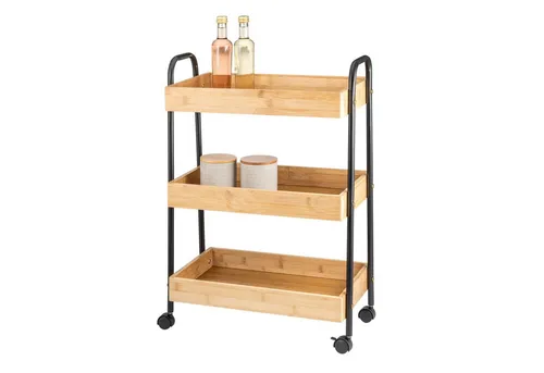 eluno Servierwagen 3-stöckig aus Bambus & Metall - Beistellwagen mit 3 stabilen Ablagen aus Bambus, ideal für platzsparende Lösungen in Küche, Bad oder Büro. Flexibel mit Rollen, 2 davon mit Feststellbremse für sicheren Halt.