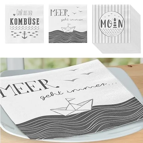 Servietten 'Maritim' 3 Motive 60er Set | 33x33cm 3-lagig Papierserviette | Serviette mit Anker Leuchtturm Meer (1 x 60er Set Servietten Maritim)