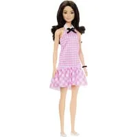 Barbie Fashionistas Puppe mit schwarzen Haaren und rosa Gingham-Kleid