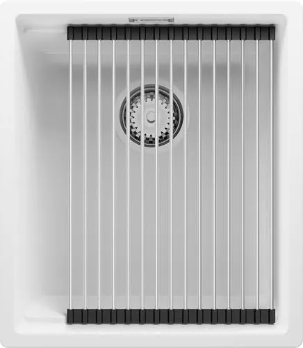 PRIMAGRAN Spülbecken Weiß 41x47cm, Granitspüle 1 Becken + Ablauf-Set + Aufrollbare Abtropffläche, Küchenspüle ab 45er Unterschrank - Praga Slim S089