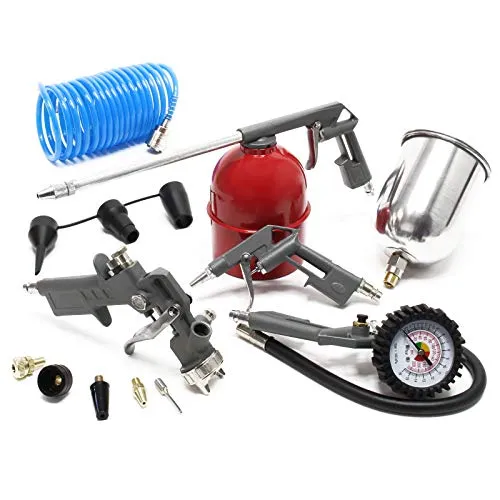 Druckluftset 13-teilig mit 4 Druckluftpistolen - Farbsprühsysteme – Umfassendes Set mit 13 Teilen, ideal für präzises Lackieren, Reinigung und Reifenfüllung. Inklusive 5m Spiralschlauch für maximale Flexibilität bei der Anwendung.