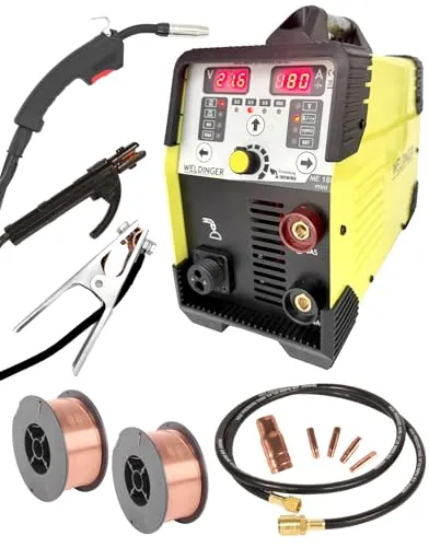 Komplettset WELDINGER ME 180 mini MIG/MAG-Schweißgerät je 1x Schweißdraht SGII 0,6/0,8 mm Gasschlauch Elektrodenkabel 5 Jahre Garantie