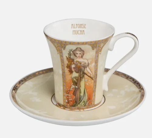 Goebel Espressotasse Alphonse Mucha - Frühling/Sommer - Thermobehälter für Heißgetränke, aus hochwertigem Porzellan, mit bezauberndem Jahreszeiten-Motiv und inklusive passender Untertasse.