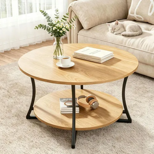 Couchtisch Rund Holz Ø 80 cm mit 2 Ablageebenen