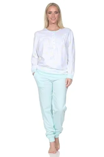 Normann Damen Langarm Schlafanzug Pyjama in Hellblau, Größe 40-42 - Eleganter Langarm Pyjama mit Knopfleiste und Bündchen für optimalen Tragekomfort. OEKOTEX STANDARD 100 zertifiziert, schadstofffrei und maschinenwaschbar bis 60 Grad. Ideal für entspannte Nächte.