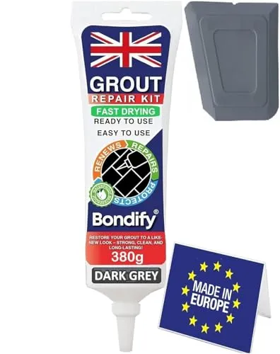 BONDIFY Wasserfest Fliesen Reparaturset Dunkel Grau -Anthrazit 380g Fugenmörtel SCHNELLTROCKNEND Fugenreparatur Fugenmasse Fugenfüller Fugen Reparatur, Fliesenfugen Ausbessern, Erneuern für Küche, Bad