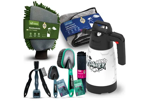 bio-chem Fahrradwerkzeugset 9-tlg. – PREMIUM Fahrradpflege-Set - Fahrrad-Pflegemittel für eine effektive und schonende Reinigung mit Schaumsprüher, Kettenbürste und Mikrofasertuch.
